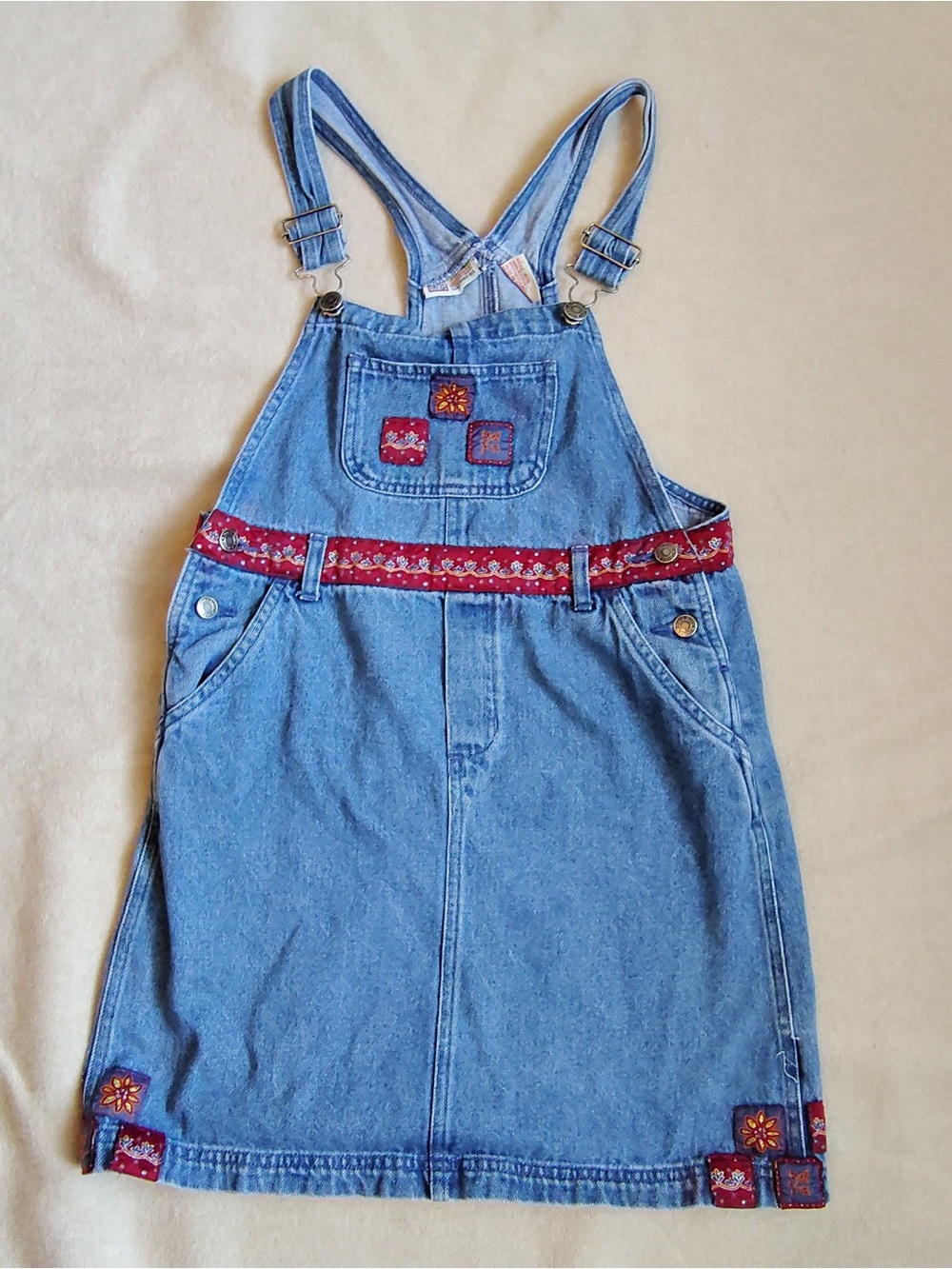 Vtg 90s Faded Glory Denim Overall Jumper Dress Girl 10/12 Floral Cottage Blossom
